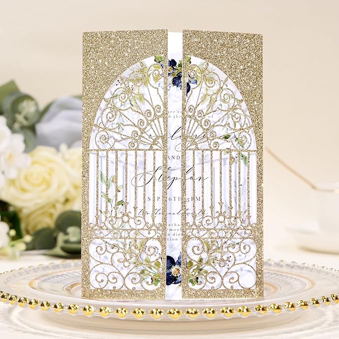 25Pcs Light Gold Glitter Laser Cut Wedding Invitation Kits with Envelopes and RSVP Cards Personalized Invitations for Sweet 16 Baby Bridal Shower Engagement Quinceanera Invite