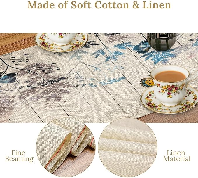 Nature Dandelion Table Runner,Rustic Floral Wood Plank Butterfly Girl Women Pattern Print Burlap Tablecloth for Hotel Indoors Outdoor Dining Room Kitchen Table Decor, 13x60in