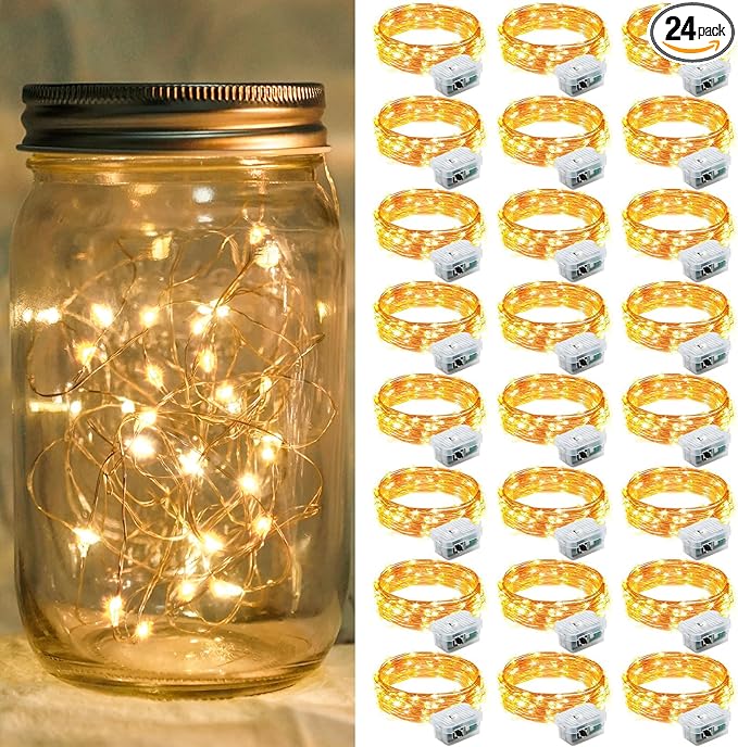 24 Pack Yellow Fairy Lights 7Ft 20 LED Twinkle String Lights 3 Modes Battery Operated Waterproof Firefly Starry for Mason Jar Party Wedding Christmas Valentines Day Table Centerpieces