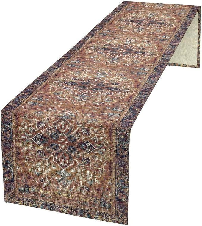 Boho Floral Vintage Table Runner, Purple Brown Retro Flower Rustic Country Farmhouse Abstract Pattern for Home Kitchen Table Decor Dining Coffee Room Party Decor 13x60in