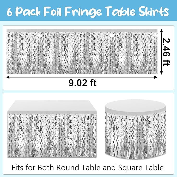 6 Pack 29 x108 Inch Silver Wave Foil Fringe Table Skirts Metallic Banner for Tinsel Streamer Garland Backdrop for Parade Floats, Mother's Day, Easter, Wedding, Birthday Party Decoration