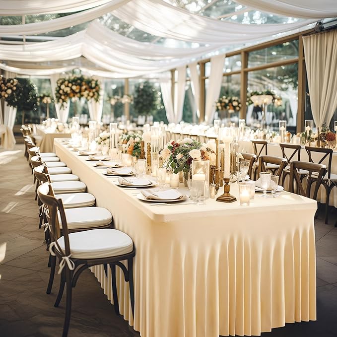 Wish Care 6 Pack Champagne Spandex Table Clothes for 8 Foot Rectangle Tables, 8FT Wrinkle Free Fitted Tablecloths Ruffles Design Table Cover for Party, Banquet, Wedding and Events