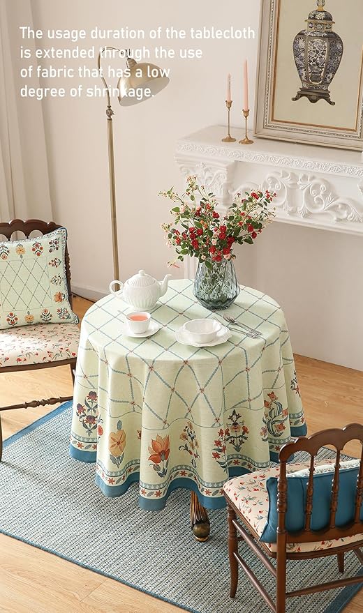 ISAENNE Designer Linen Floral Round Tablecloth,Light Green Farmhouse Durable Table Cloth,Washable Decor Tablecloths for Dining Kitchen Thanksgiving Christmas,Diameter 67"-Floralsea B