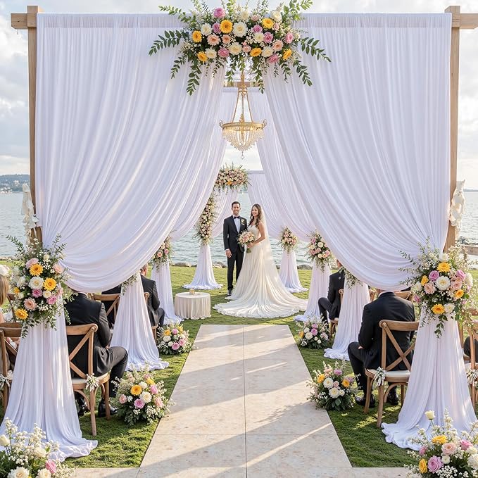 50×14 ft White Wrinkle Free Backdrop Curtain for Wedding Parties, 10 Panels 5×14ft Height Soft Silky Polyester Backdrop Drapes White Photo Back Drop Curtains for Birthday Photography Background Cloth