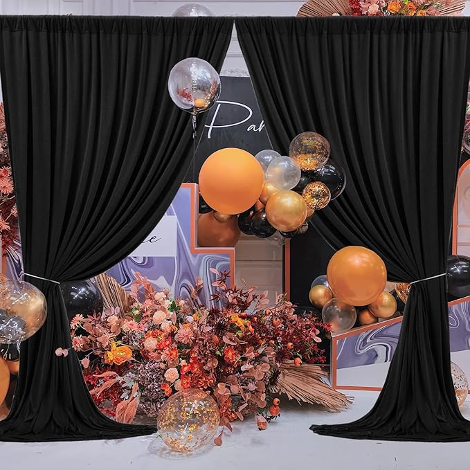 50 ft x 10 ft Wrinkle Free Black Backdrop Curtain for Parties, 10 Panels Polyester Black Photo Backdrop Drapes for Graduation Birthday Wedding Party Stage Curtains, Thick Bulk Background Curtains
