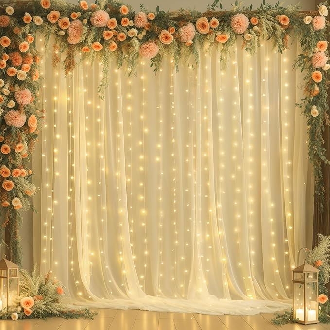 10ft x 10ft Champagne Sheer Tulle Backdrop Curtains with Lights String Wedding Backdrop for Reception Ceremony Birthday Party Baby Shower Photo Booth Background Decoration