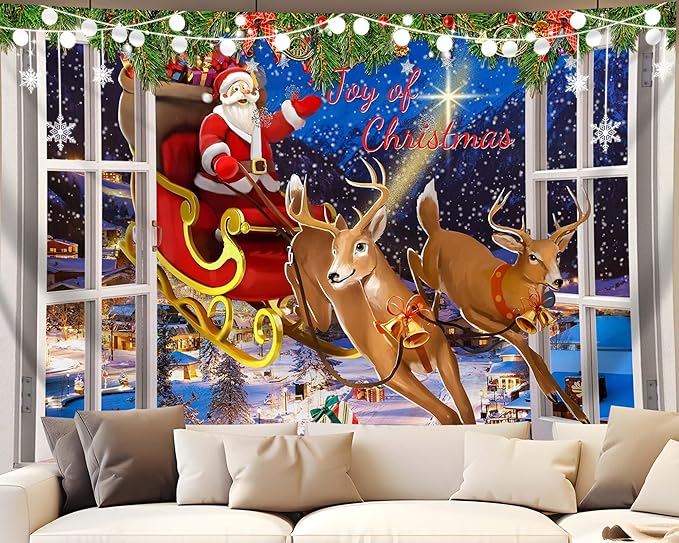 QGHOT Christmas Window Tapestry Wall Hanging Christmas Backdrop Xmas Winter Window Wall Decor Santa Claus Tapestries for Bedroom Living Room Dorm Holiday Party Decoration, Large