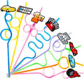 24 PCS Race Car Drinking Crazy Straws for Kids Racing Pit Crew Checkered Flag Race Car Themed Birthday Party Supplies Favors Decorations with 24 PVC Cute Charm, 2 Cleaning Brushes Reusable Straw
