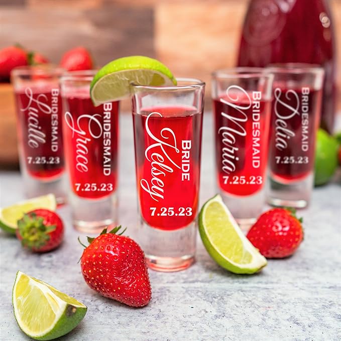 Custom Engraved 2 oz Shot Glass – Personalized Etching – Groomsman & Bridesmaid Gift – Wedding Favor Set of 4