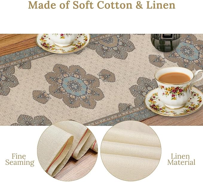 Boho Bohemia Style Table Runner, Vintage Teal Brown Retro Flower Rustic Country Style Floral Print Pattern for Home Kitchen Table Decor Dining Coffee Room Garden Party Decor 13x108in