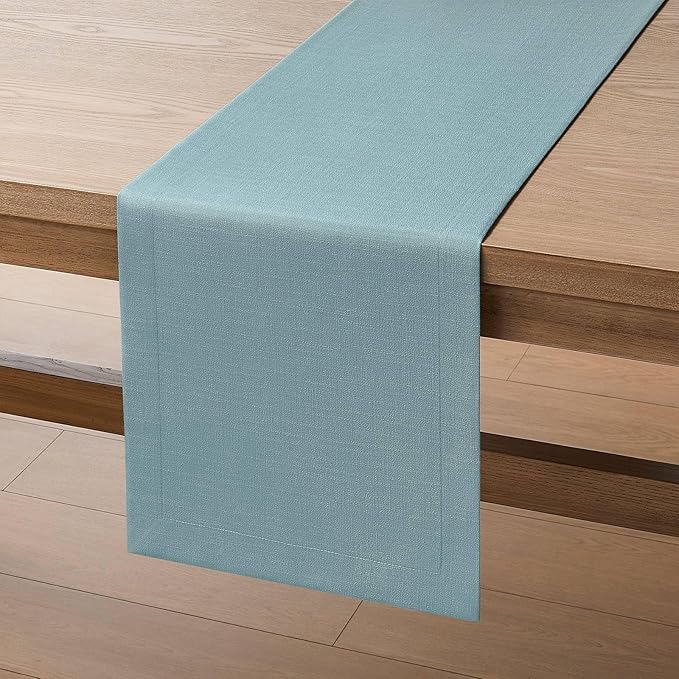 ZeeMart Linen Textured Border Table Runner, 14 x 60 Inch Blue, Farmhouse Style Dusty Blue Table Runners 60 Inches Long, Easy Care Everyday Polyester Table Runner