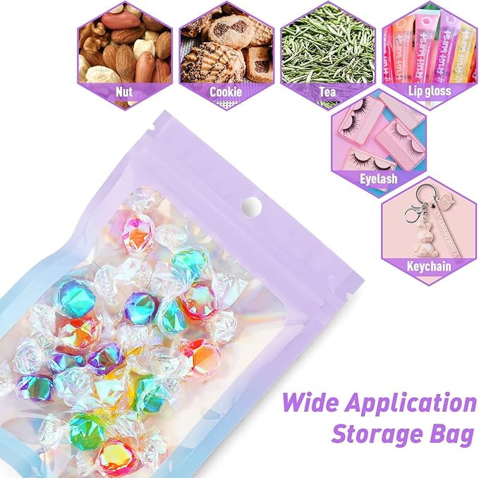 Funfery 100 Pack Holographic Bags,Resealable Bags with Zipper,Clear Window Packaging Pouch,Foil Bag for Food Storage,Sample Jewelry Bag(4.7×7In,Purple Blue)