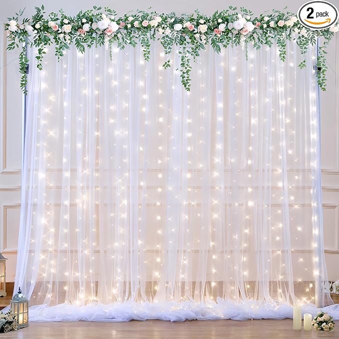 White Tulle Backdrop Curtain with Lights String for Parties Wedding Bridal Shower Sheer White Curtain Backdrop for Birthday Baby Shower Photo Booth Photography Background Decorations 10ft x 8ft