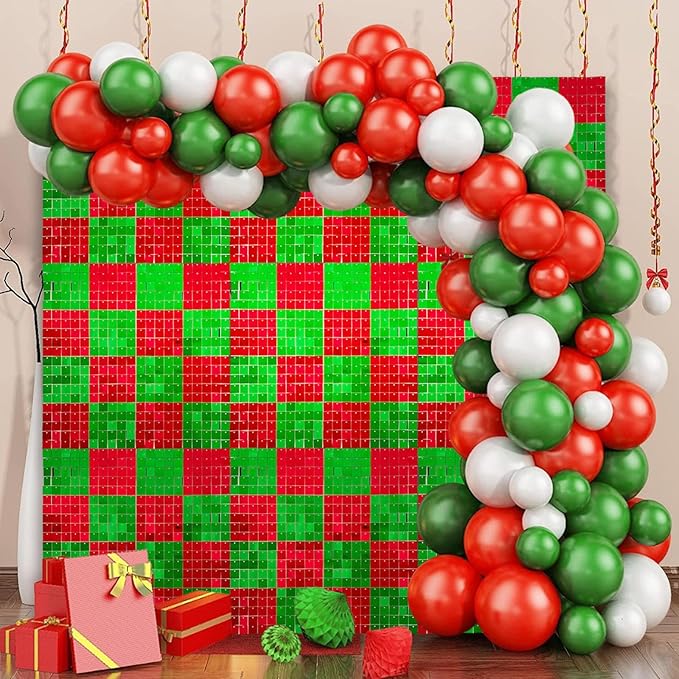 12PCS Red Green Shimmer Wall Backdrop, Laser Square Sequin Photo Backdrops Panel, Glitter Wall Background for Birthdays, Weddings, Christmas, Engagements, Disco Bachelorette Party Decor (3FTx4FT)