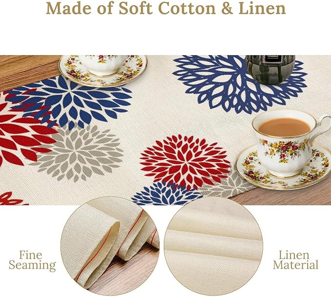 4th of July Table Runner, Blue Red Dahlia Flower American Patriotic Memorial Day Table Runner for Farmhouse Kitchen Dining Table Party Decor, 13x108inch