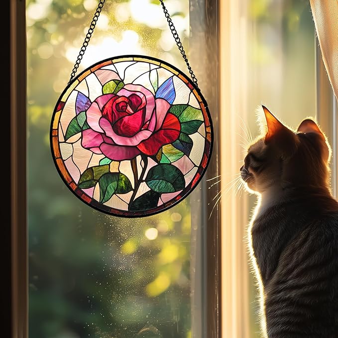 Stained Glass Window Hanging - Pink Rose Suncatcher for Door Garden Home Decor Birth Flower Sun Catcher Christmas Birthday for Friend Lovers Women Mom Nana 11.8 in