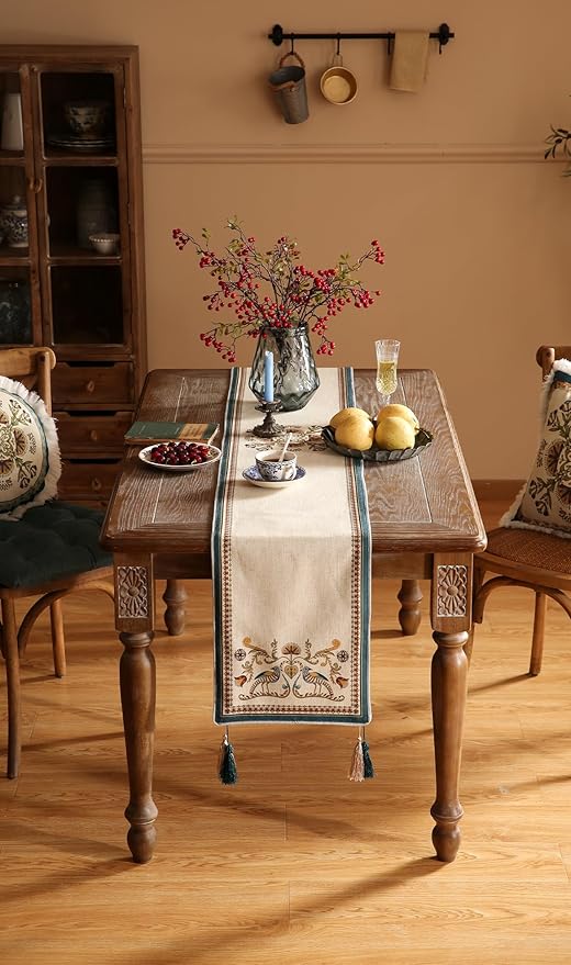 patdrea Designer Beige Farmhouse Geometric Patterned Linen Table Runner 102 Inch Long,Wrinkle Resistant Table Mat,Decoration for Kitchen Dining and Coffee Tables Banquet Christmas ,12"x102"