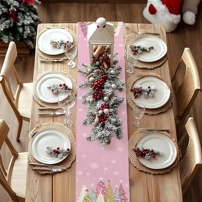 GEEORY Christmas Table Runner 13x108 Inch, Xmas Trees Snowflakes Holiday Decorative Farmhouse Table Decoration for Kitchen Dinning, Indoor Outdoor Dinner Party Decor (Pink) GT153-108