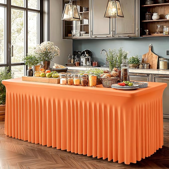 Wish Care 2 Pack Orange Spandex Table Clothes for 8 Foot Rectangle Tables, 8FT Wrinkle Free Fitted Tablecloths Ruffles Design Table Cover for Party, Banquet, Wedding and Events