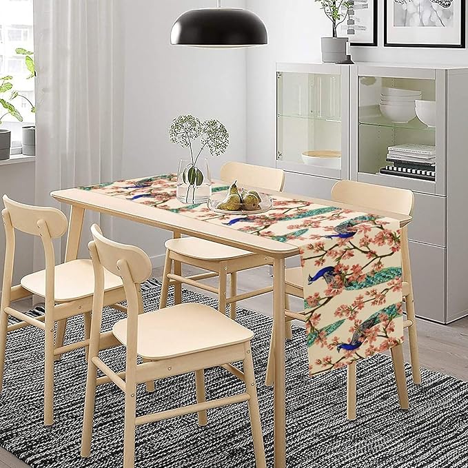 Peacock Table Runner,Spring Floral Peacock Birds Table Runner for Home Kitchen Dining Party Indoor Outdoor Decoration 13x60 Inch