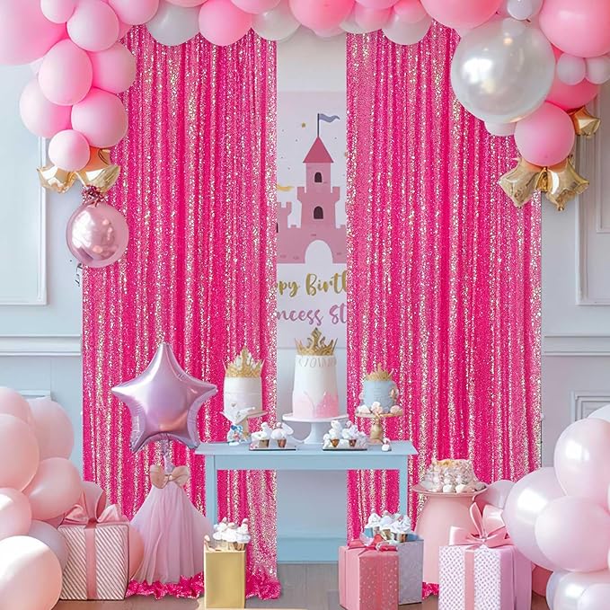 Sequin Backdrop Curtains Wedding Photo Backdrop Glitter Birthday Bridal Party Curtains Sparkle Background Drapes (Iridescent Hot Pink, 2 pcs-2ftx8ft)