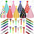 116 PCS Birthday Party Cone Hats Assorted Colors Cone Paper Hat with Colorful Blowers and Metallic Fringed Noise Makers Blowouts for Kids Adults Birthday Baby Shower Party Supplies