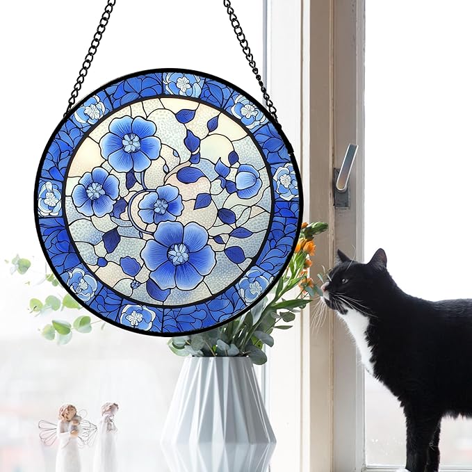 Stained Glass Window Hanging, Blue and White Plum Blossom Sun Catcher for Door Home Decor Flowers Suncatcher Christmas Mother's Day Birthday Gifts for Women Men Mom and Nana 6.3 in