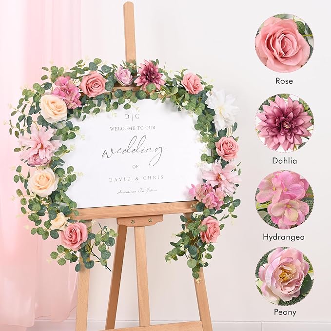 Waipfaru Artificial Flower Garland with Lights, 6.07Ft Lighted Eucalyptus Greenery Garland, Pink Rose Floral Vines for Wedding Table Runner Centerpieces Backdrop Decor