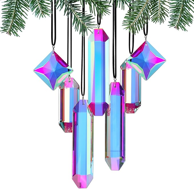 Crystal Prisms Ornament for Christmas Tree, 7 Pack Icicle Ornaments A/B Color Ornaments, Crystal Prism Suncatcher for Window Hanging for Women