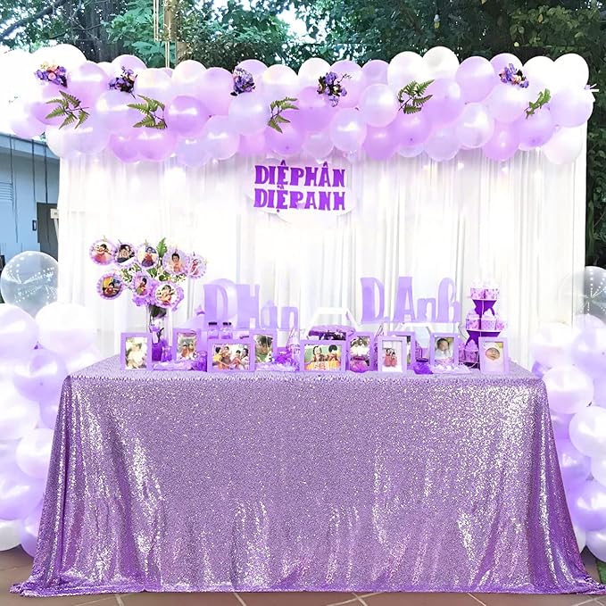 QueenDream Tablecloth 90x156 Rectangle Sequin Tablecloth Lavender Wedding Table Linens Glitter Birthday Bridal Party Indoor Outdoor Decorations