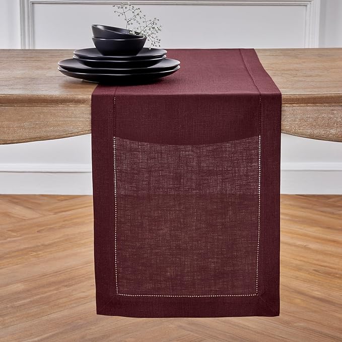 Solino Home Linen Burgundy Table Runner 156 Inches Long - 100% Pure Linen Extra Long Table Runner 14 x 156 Inch for Christmas, Fall, Autumn, Thanksgiving - Classic Hemstitch