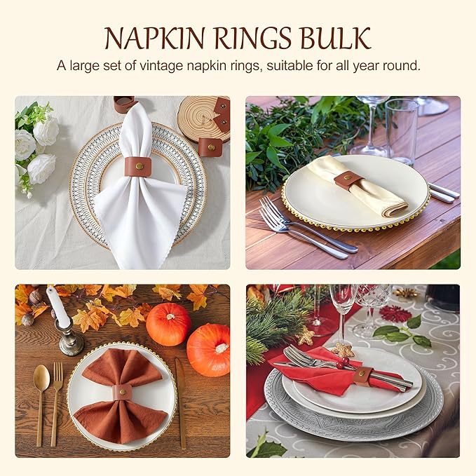 APTWOW Leather Napkin Rings Set of 12 - Fall Thanksgiving Napkin Rings Bulk, Brown Vintage Farmhouse Napkin Holder for Wedding Party Birthday Banquet Table Decor and Daily Use
