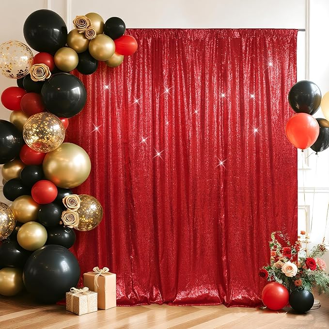 SquarePie Sequin Backdrop Less Transparent Background Sparkly Curtain for Wedding Party 20FT x 10FT Red