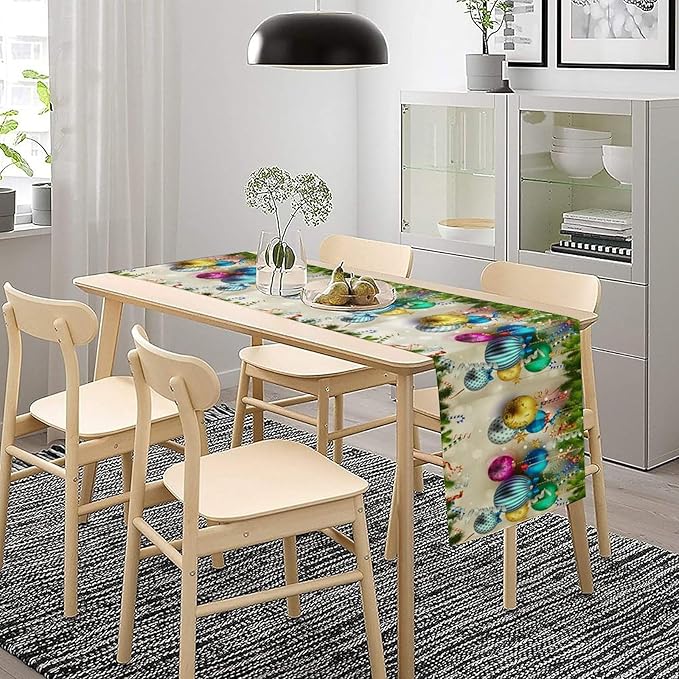 Christmas Table Runner,Colorful Balls Xmas Tree Snowflake Pattern Print Tablecloth Burlap for Hotel Indoors Outdoor Dining Room Kitchen Home Decor,W13X L36 in