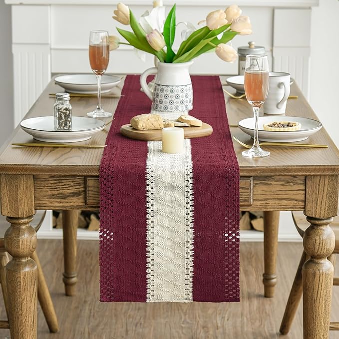 Artoid Mode Red Farmhouse Rustic Table Runner, Seasonal Hollow Kitchen Dining Table Decoration for Home Party Decor 12x72 Inch