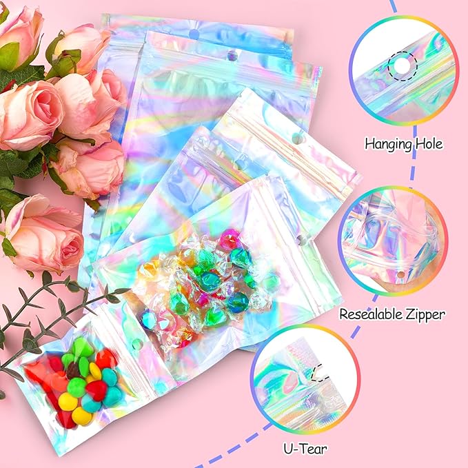 Funfery 100 Pcs Smell Proof Holographic Bags Clear Window Resealable Bags,Mylar Foil Bag with Zipper,Sealing Pouch Packaging Bag for Food Storage,Candy,Party Favor Sample Business Supplies(6.3x9.4in)