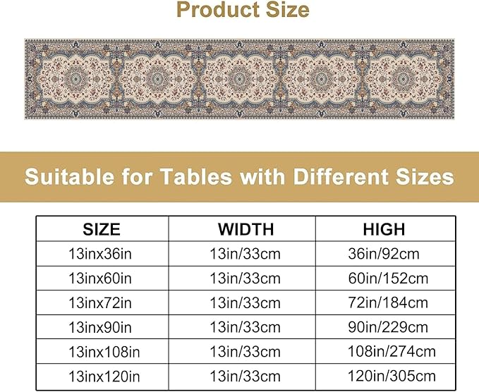 Boho Bohemia Style Table Runner, Vintage Blue Teal Gold Retro Flower Rustic Country Style Floral Print Pattern for Home Kitchen Table Decor Dining Coffee Room Garden Party Decor 13x36in