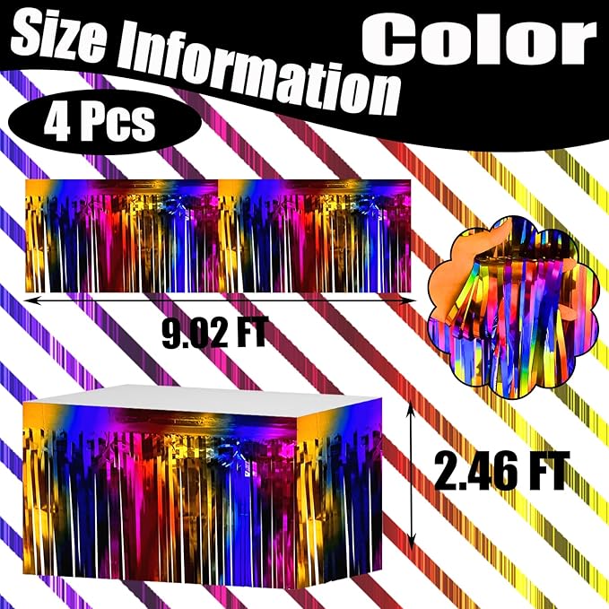 4 Pack 29x108 Inch Metallic Foil Fringe Tinsel Table Skirts for Rectangle Tables Streamer Backdrop for Wedding, Birthday, Parade Floats, Christmas, Halloween Party Decoration(Rainbow)