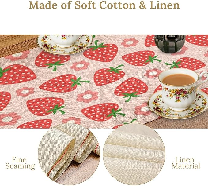 Strawberry Table Runner Spring Summer Fruit Pink Berry Forest Garden Dinner Runner for Girl Baby Shower Party Holiday Home Kitchen Dining Table Decor 13x120