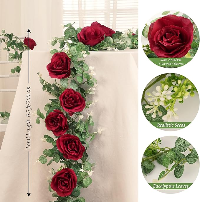 Dolicer 4Pcs 26Ft Artificial Eucalyptus Garlands with Flowers - 8 Roses, Faux Floral Greenery Garlands Fake Flowers Vines for Wedding Table Centerpieces Arch Party Ceremony Backdrop Decor (Red)