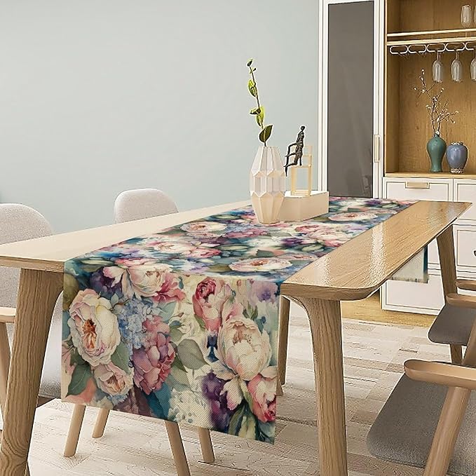 Vintage Floral Table Runner,Girls Women Rose Romantic Leaf Botanical Watercolor Pattern Print Burlap for Hotel Indoors Outdoor Dining Room Kitchen Holiday Party, 13x36in