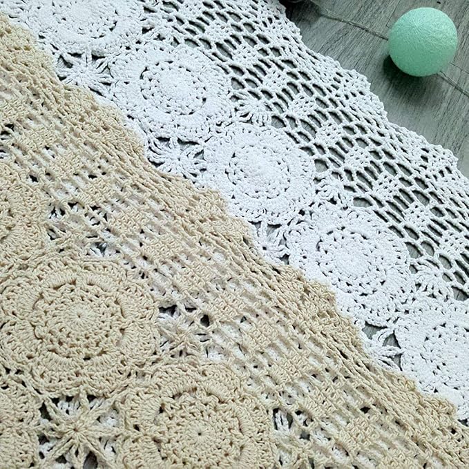 Cotton Handmade Crochet lace Table Runners Rectangular Tablecloth Doilies Doily Table Dresser Scarf Décor,19x31Inch,Beige