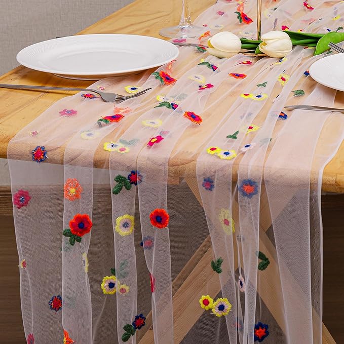 BINBE 12pcs Daisy Fall Table Runner Embroidery Gauze 10FT Florals Seasonal Tulle Holiday Birthday Kitchen Dining Table Decor for Home Party Ivory