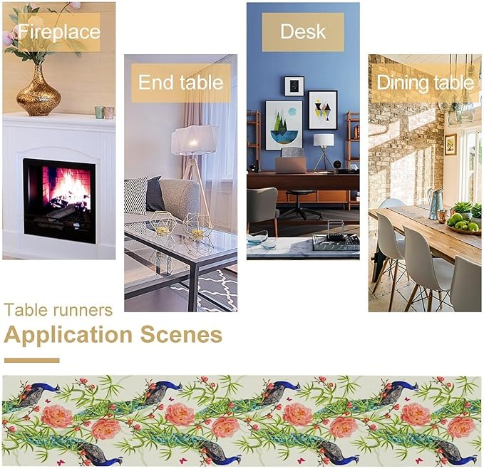 Peacock Table Runner,Seasonal Flower Plants Peacock Birds Table Runner for Home Kitchen Dining Party Indoor Outdoor Decoration 13x108 Inch