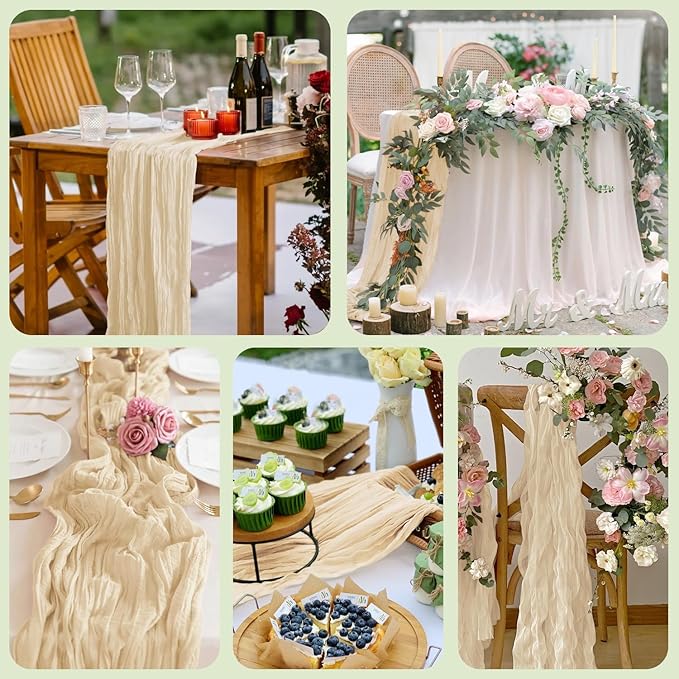 Asee'm 12pcs Cheesecloth Table Runner 120 Inches Long Sand Boho Gauze Cheese Cloth Runner 10FT Rustic Sheer Table Runners for Christmas Wedding Party Baby Shower Spring Easter Decoration