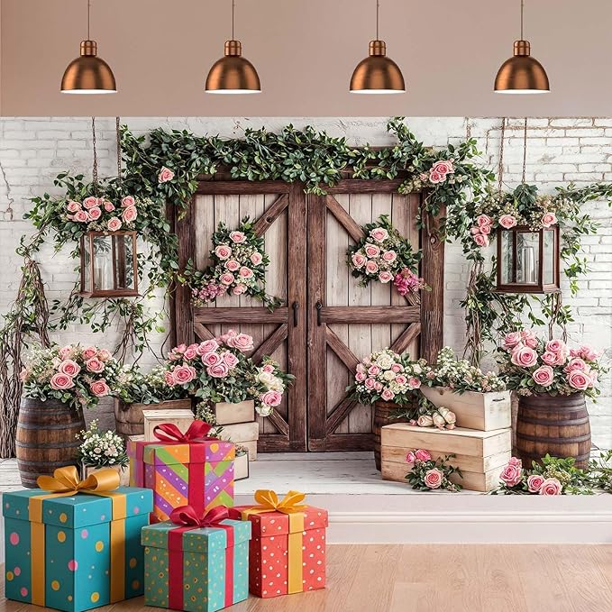6x6ft Country Wedding Photography Backdrop Floral Rustic Roses Farmhouse Wooden Door Backdrop Pink Flower Birthday Baby Shower Wedding Bridal Party Banner Photo Booth Props Anniversary Background