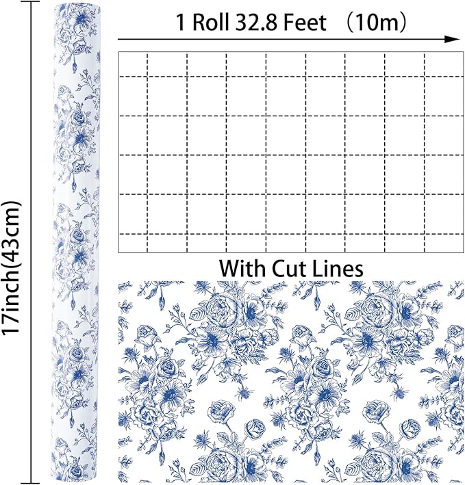 Ulmasinn Blue Floral Wrapping Paper Roll - 17 Inches x 33 Feet - Vintage Toile Blue Floral Design with Cut Lines for Upscale Gifts, Birthday, Bridal Shower, Wedding, Mother’s Day