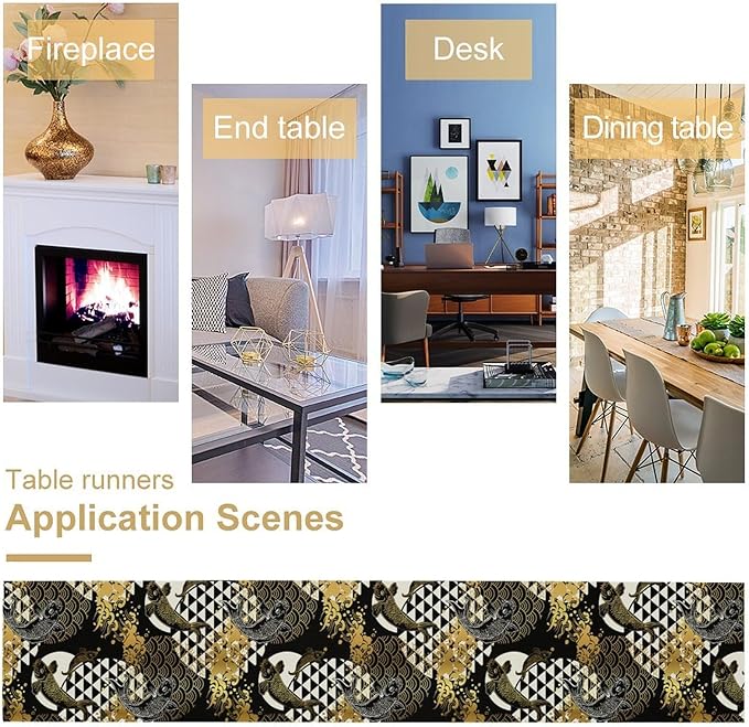 Japanese Table Runner Oriental Tradition Kio Fish Gold Art Printed Burlap Runner Home Kitchen Dining Table Living Room Decor Fabric 1 Panel W13xL90in