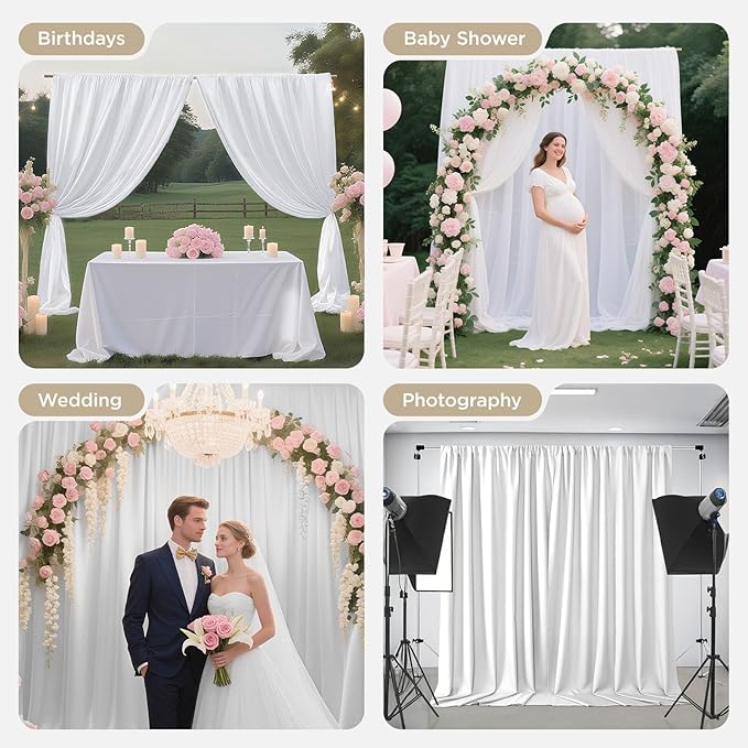 Joydeco White Curtains Backdrop for Wedding Parties, Photo Backdrop Curtains for Wedding Decorations Birthday, Wrinkle Free Polyester 5ft x 10ft Fabric Drape 2 Panels with Rod Pockets