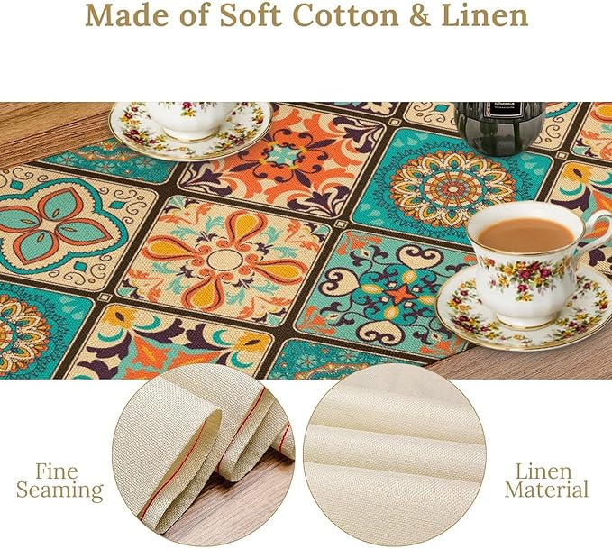 Bohemian Patchwork Table Runnerboho Colorful Tile Patchwork Indian Floral Print Table Runner for Home Kitchen Indoor Outdoor Party Wedding Decor, 13x108inch